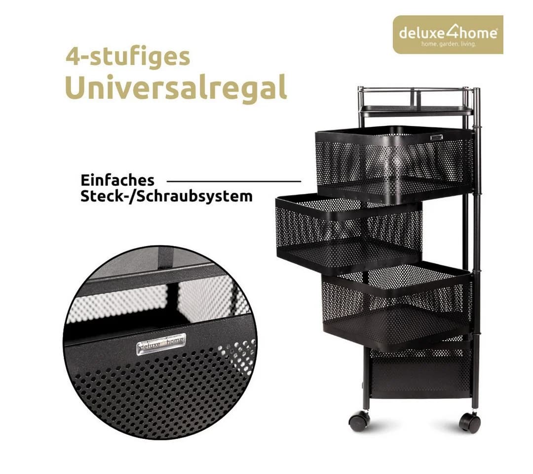 deluxe4home Rollwagen Küchenwagen Schwarz 4 Ebenen
