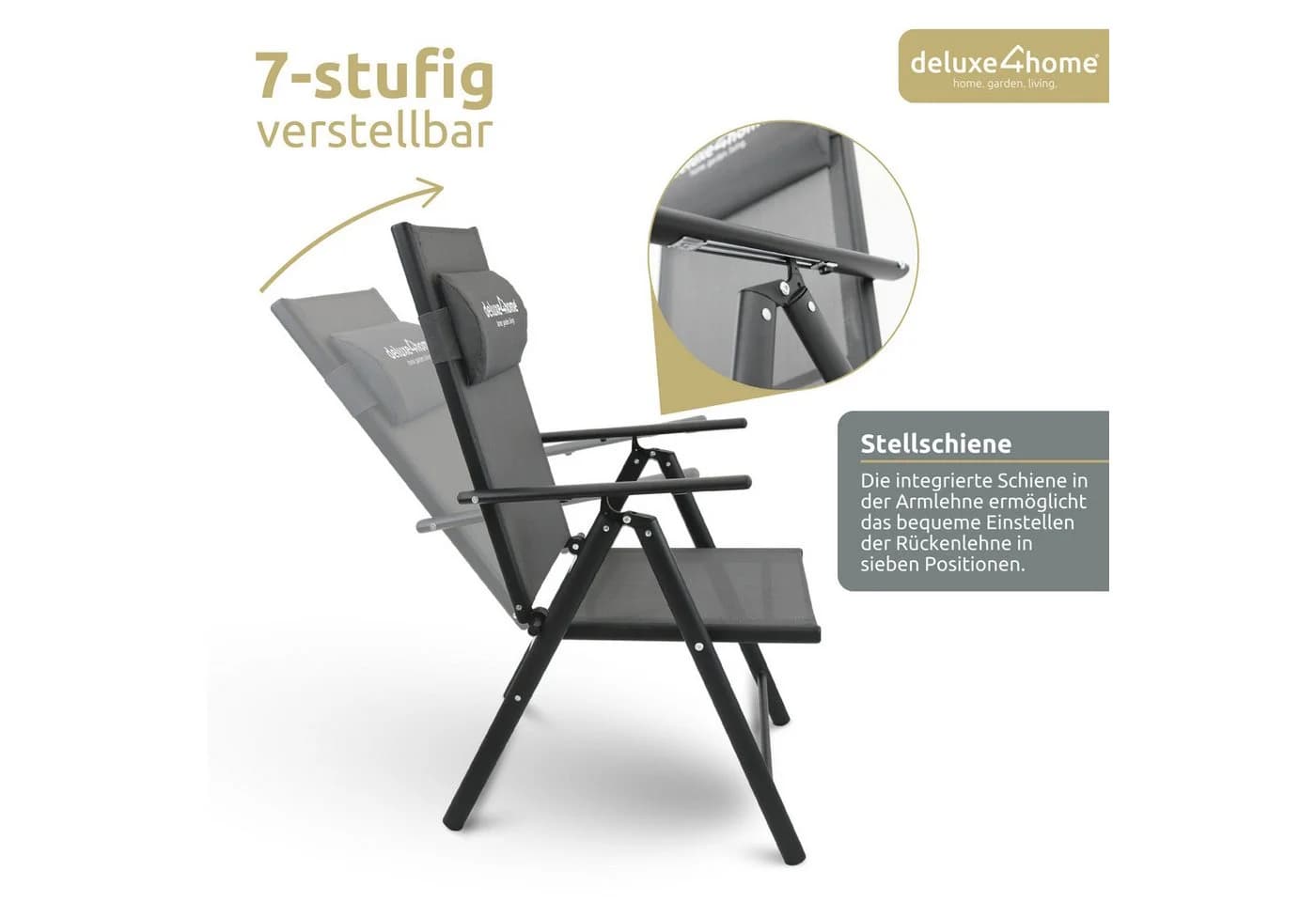 deluxe4home Gartenstuhl Hochlehner Grau Klappbar & 7-stufig verstellbar - Bild 4