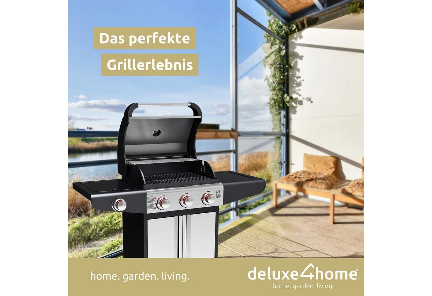 deluxe4home® Grillwagen Gasgrill mit Deckel, 3 + 1 Seitenbrenner, Thermometer