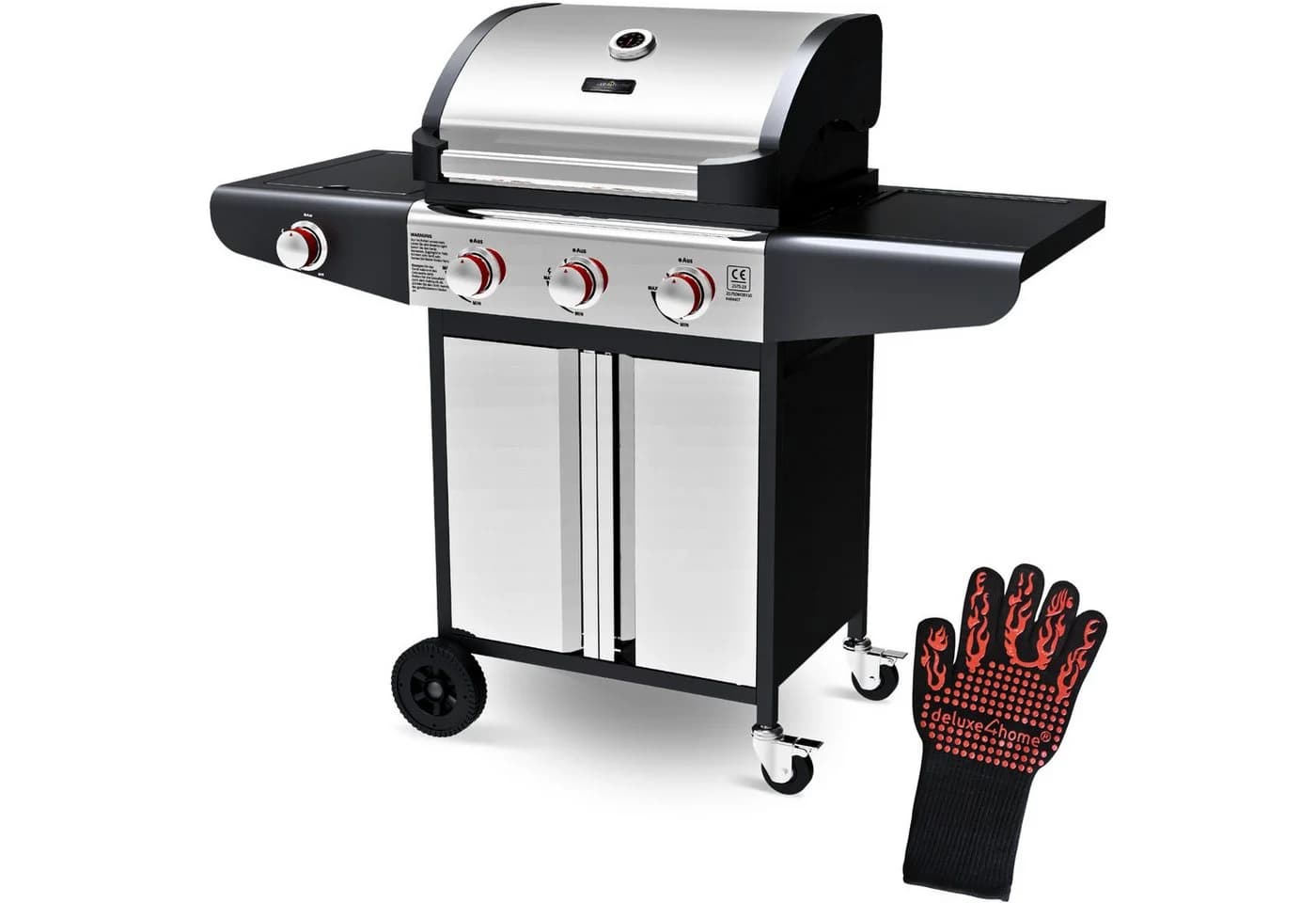 deluxe4home® Grillwagen Gasgrill mit Deckel, 3 + 1 Seitenbrenner, Thermometer - Bild 2