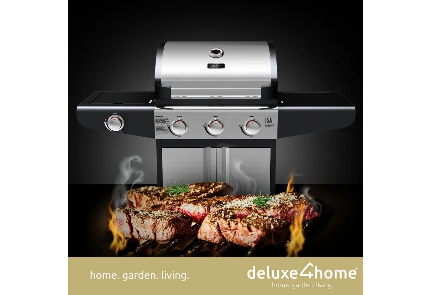 deluxe4home® Grillwagen Gasgrill mit Deckel, 3 + 1 Seitenbrenner, Thermometer - Bild 3