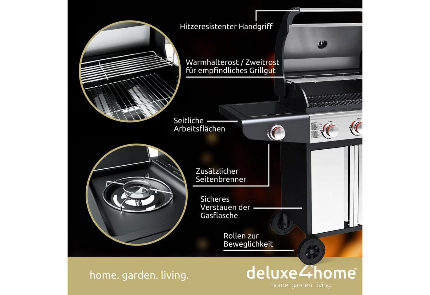 deluxe4home® Grillwagen Gasgrill mit Deckel, 3 + 1 Seitenbrenner, Thermometer - Bild 4