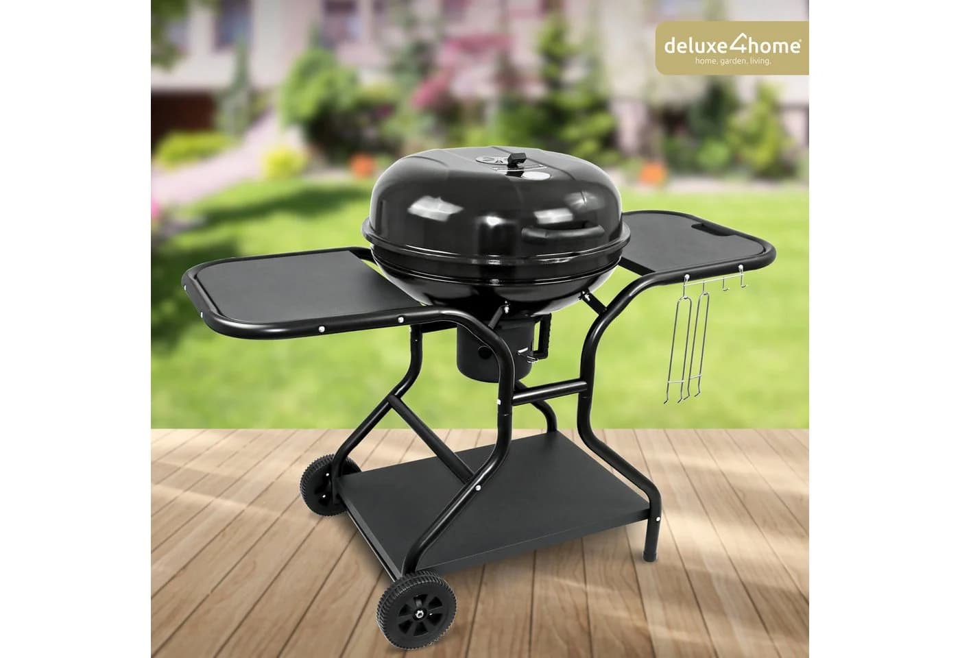 deluxe4home Holzkohlegrill Grillwagen Kugelgrill Ø55 cm Schwarz mit Rollen