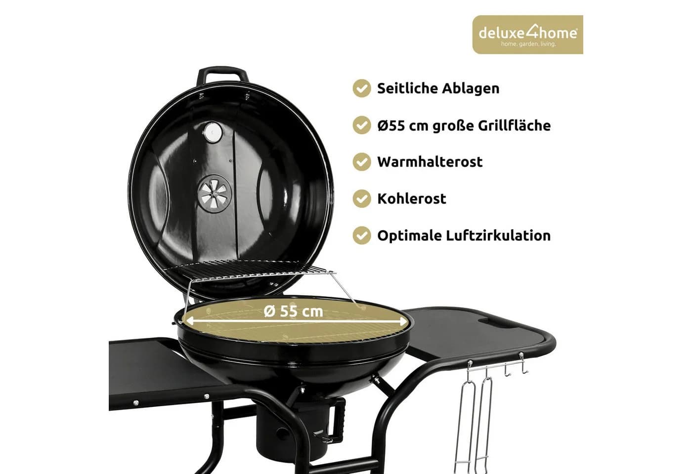 deluxe4home Holzkohlegrill Grillwagen Kugelgrill Ø55 cm Schwarz mit Rollen - Bild 3