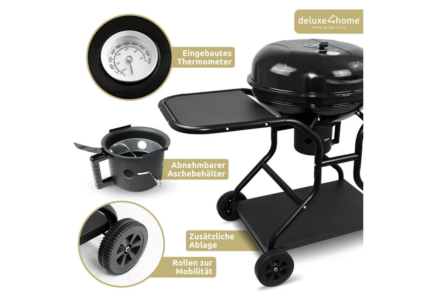deluxe4home Holzkohlegrill Grillwagen Kugelgrill Ø55 cm Schwarz mit Rollen - Bild 4