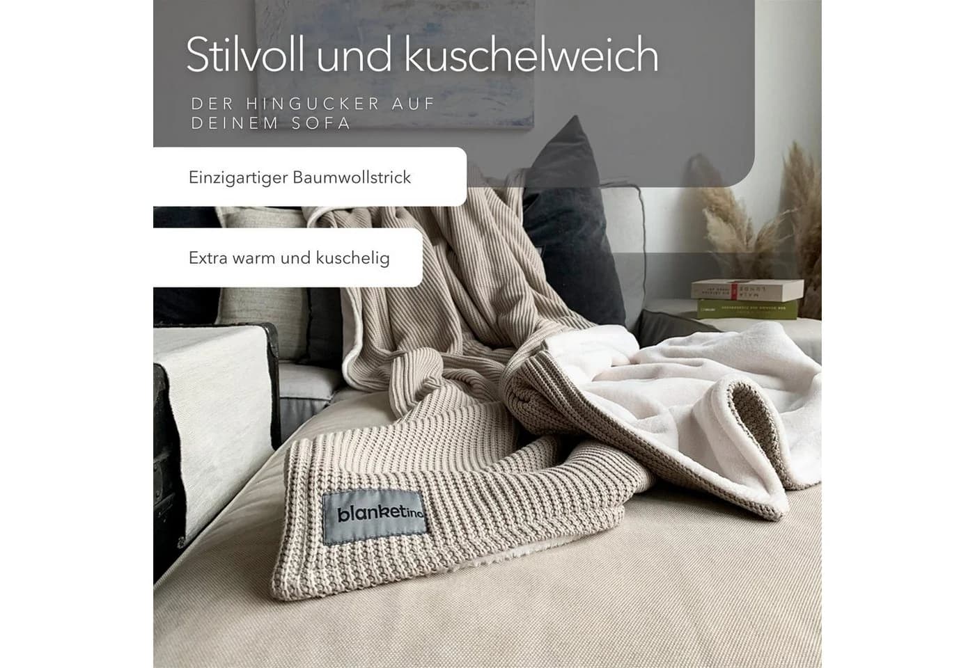Blanketino Wohndecke Strick Design Champagner 150x210 cm Baumwolle