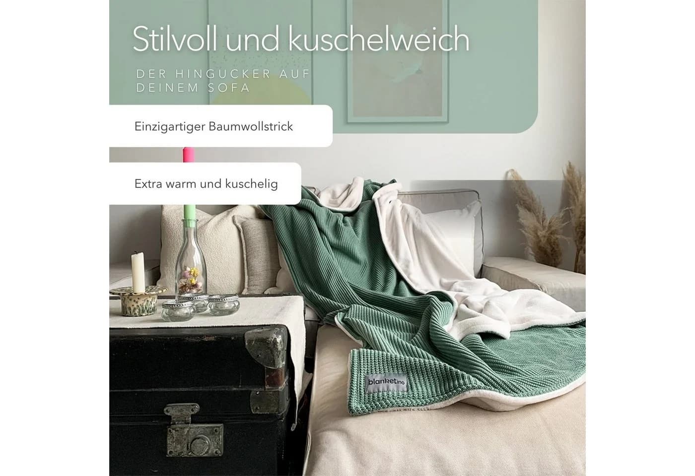 Blanketino Wohndecke Strick Seegrün 150x210 cm Baumwolle