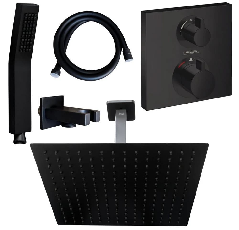 Hansgrohe und Jowi Duscharmatur Ecostat Square Thermostat Schwarz Regendusche Deckenanschluss