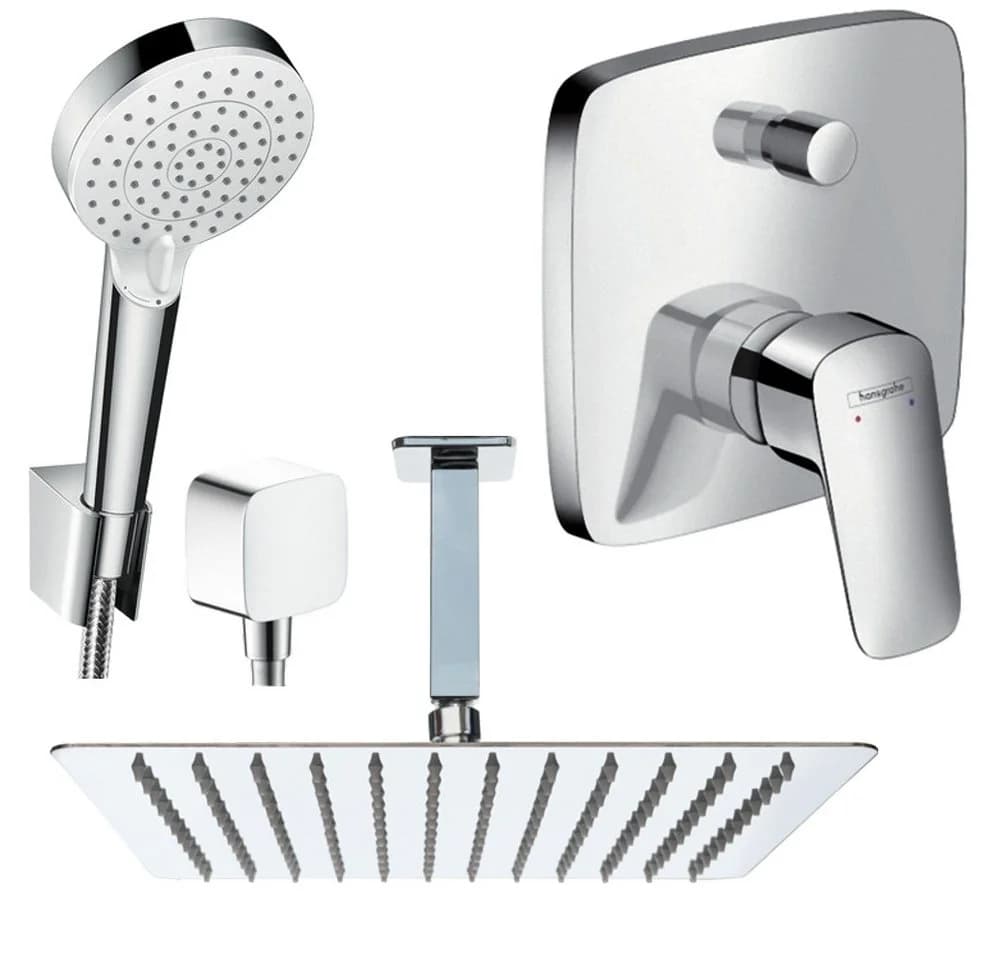 Hansgrohe und Jowi Duscharmatur Logis Unterputz-Duschsystem mit Kopfbrause und Deckenanschluss aus Edelstahl