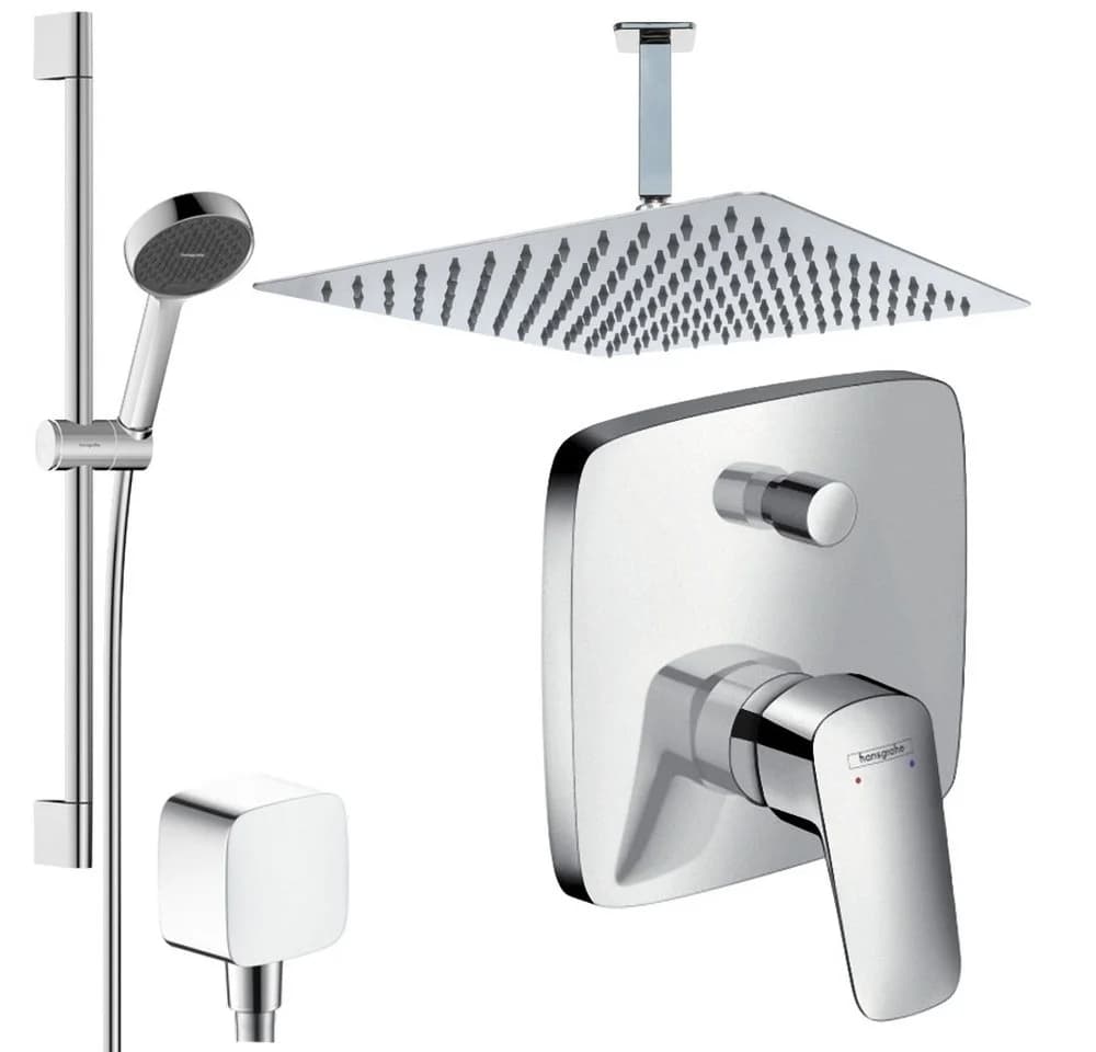 Hansgrohe und Jowi Unterputz-Duschsystem mit Regendusche und Deckenanschluss