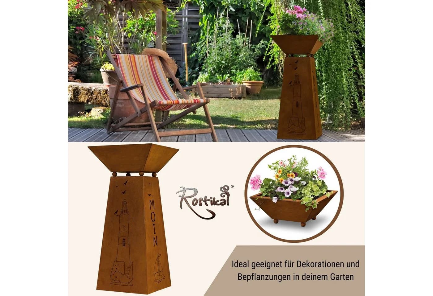 Rostikal Blumenständer Leuchtturm Dekosäule mit Schale Echter Rost - Bild 3