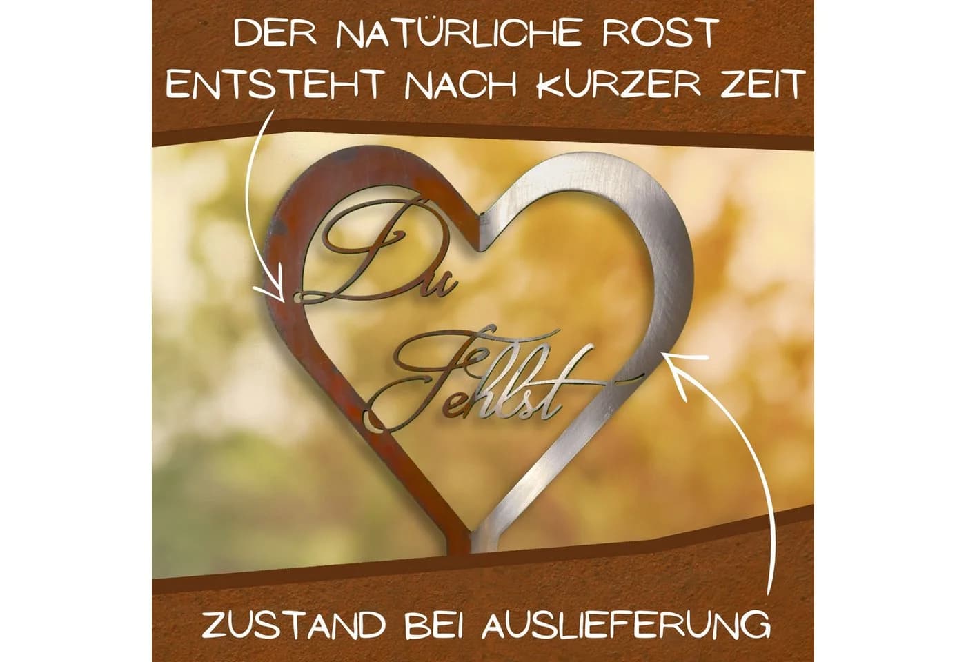 Rostikal Grabschmuck Herz Metallschild mit Gravur Du Fehlst / Unvergessen - Bild 3