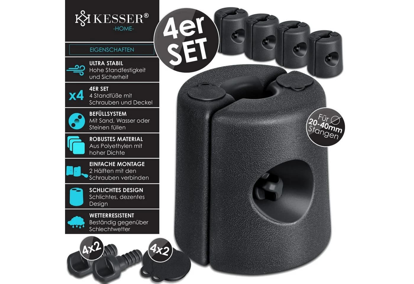 KESSER Pavillonstandfüße 4er Set Schwarz HDPE