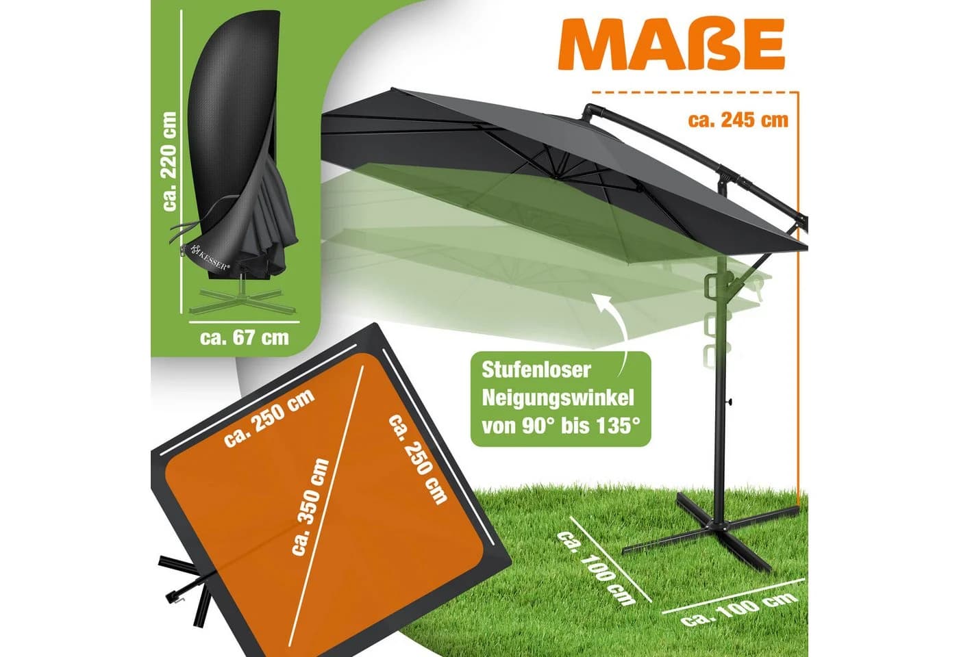 KESSER Ampelschirm Ø350cm Sonnenschirm inkl. Abdeckung & Windsicherung, wetterfest - Bild 2
