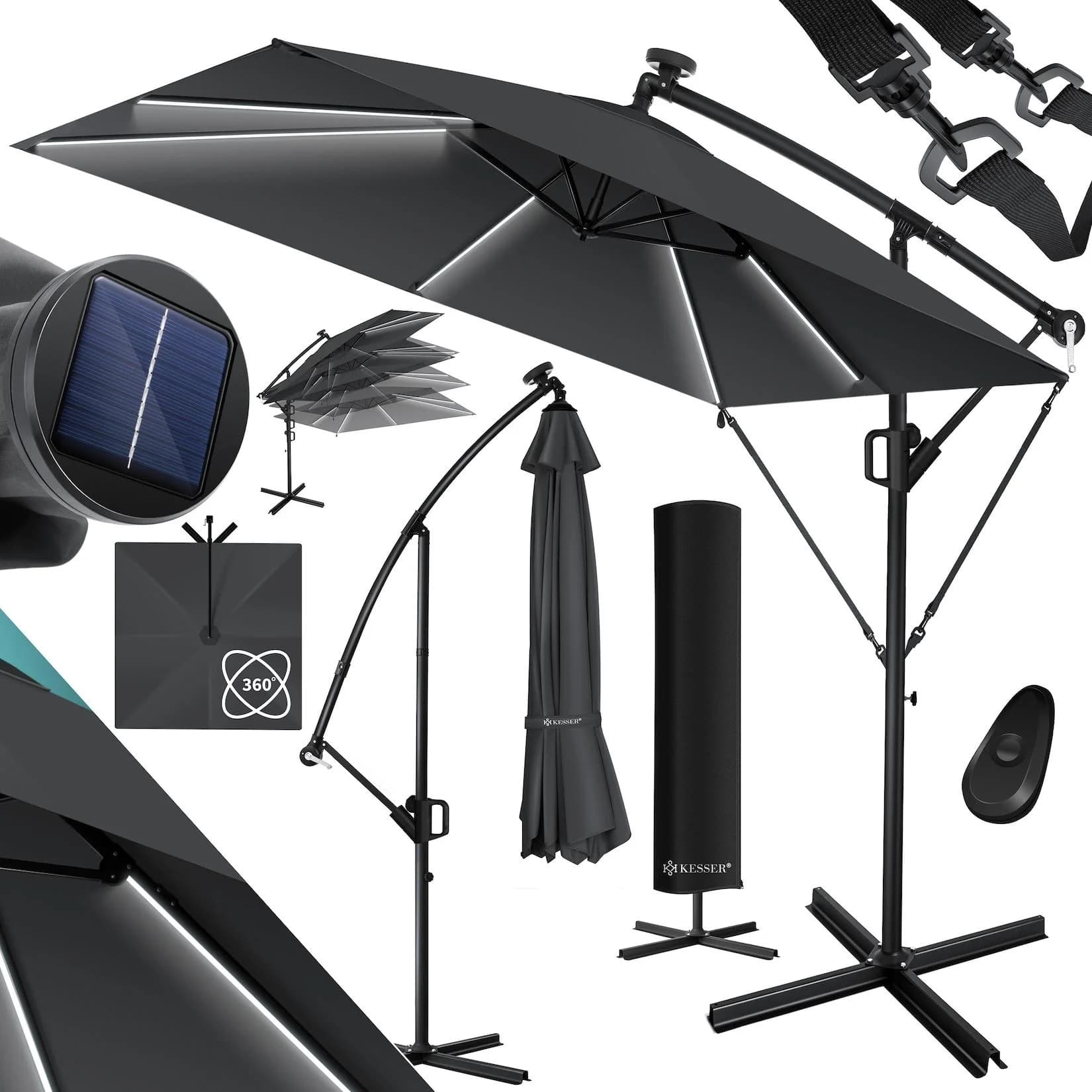 KESSER Ampelschirm Grau Aluminium Kurbel UV-Schutz Wetterfest