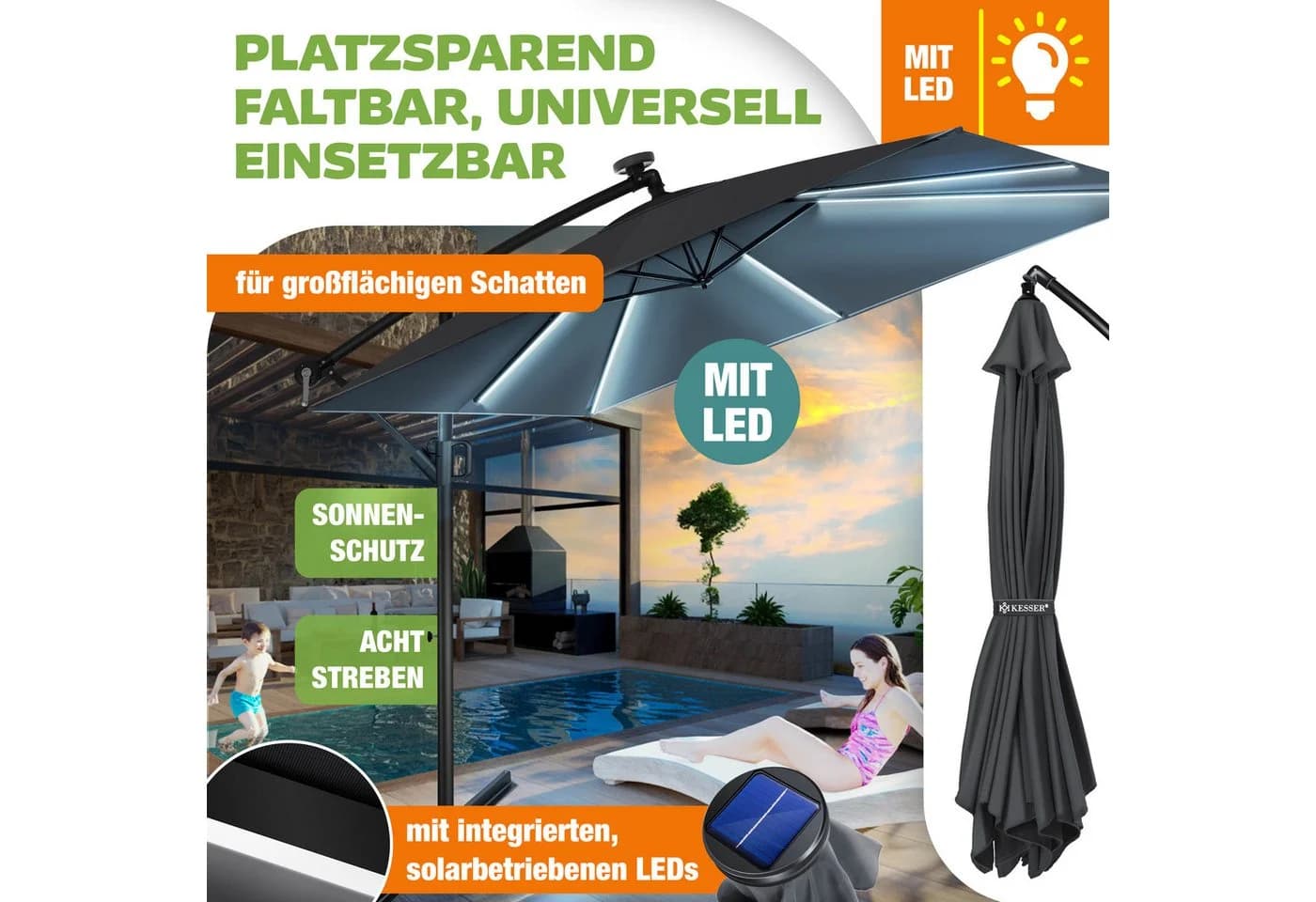 KESSER Ampelschirm Grau Aluminium Kurbel UV-Schutz Wetterfest - Bild 5