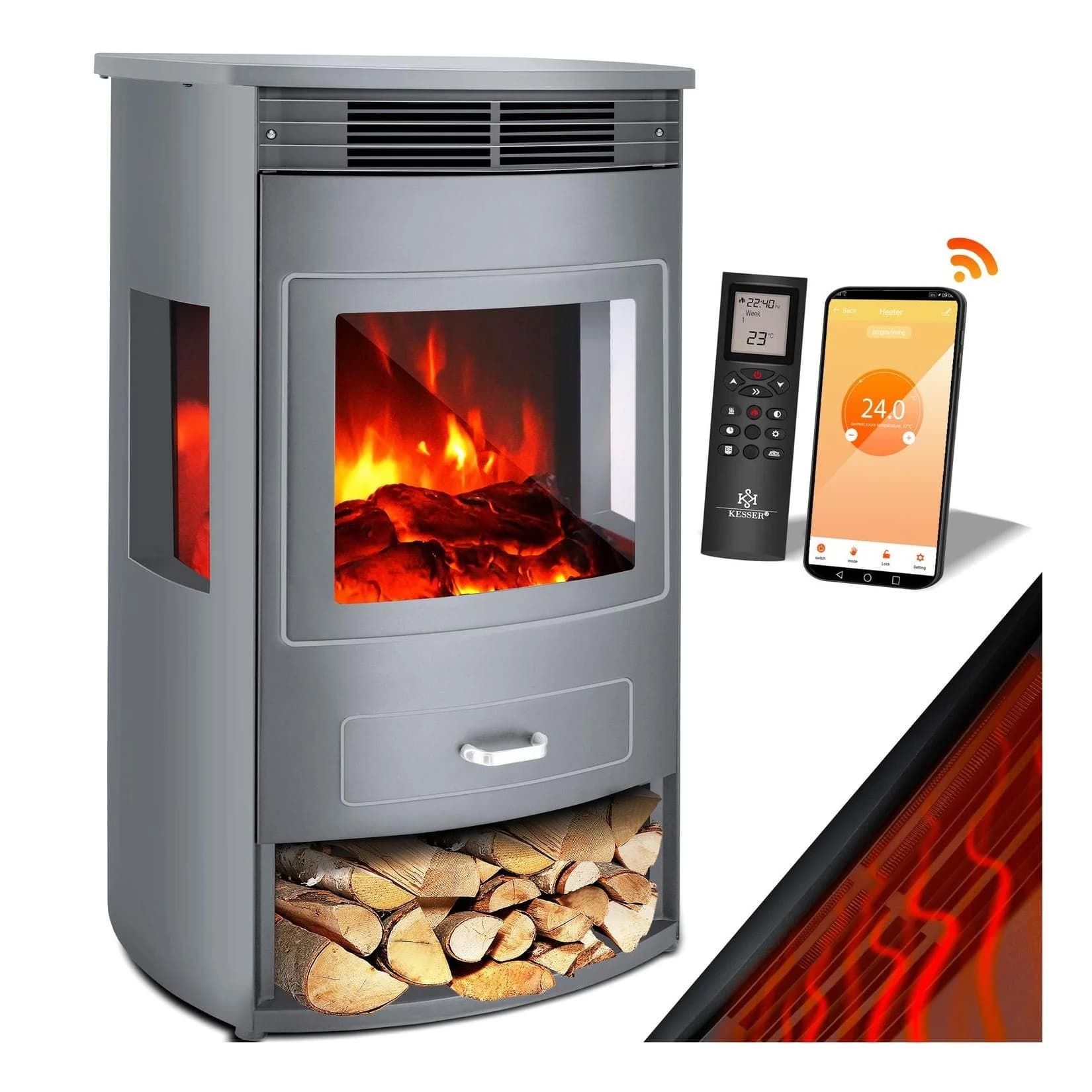 KESSER Prio Elektrokamin mit Heizung und LED-Flammeneffekt
