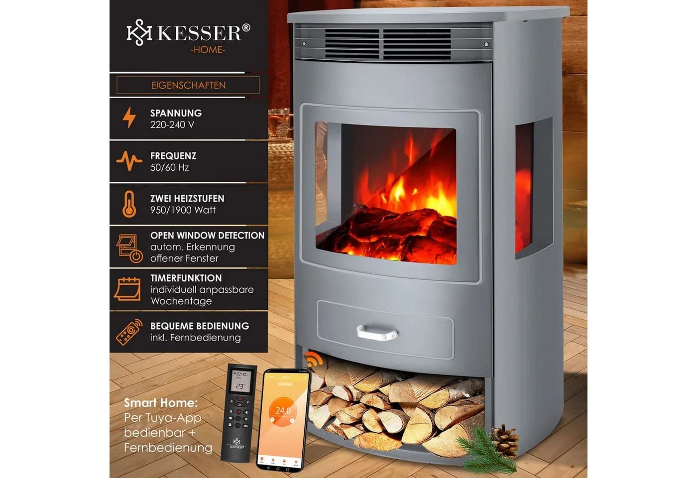 KESSER Prio Elektrokamin mit Heizung und LED-Flammeneffekt - Bild 2