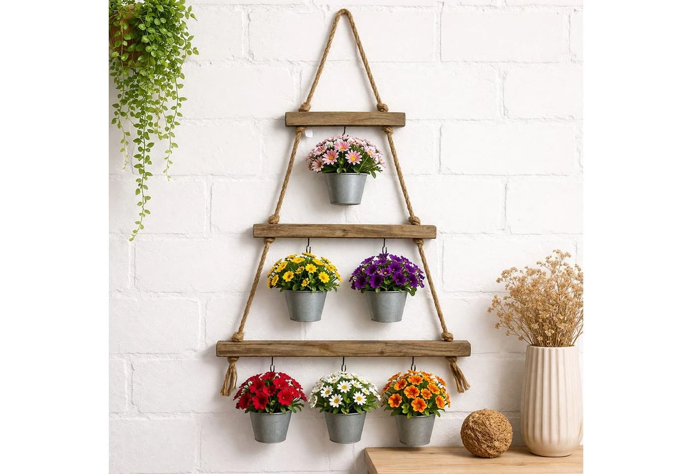 Mojawo Blumenampel Holz Leiter Deko mit 6 Haken
