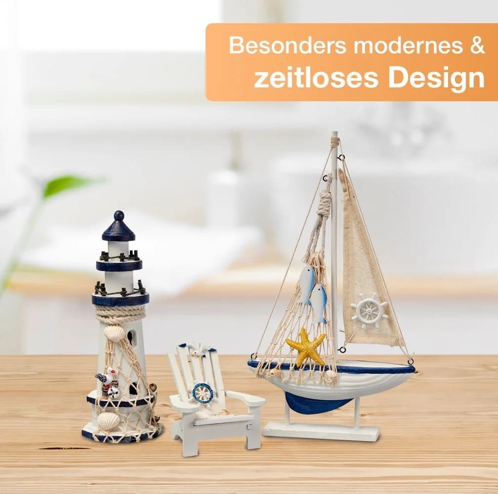 Flanacom Badaccessoires-Sets Maritime Badezimmer Deko Holz 3er Set Leuchtturm Segel-Schiff Strand-Stuhl - Bild 4