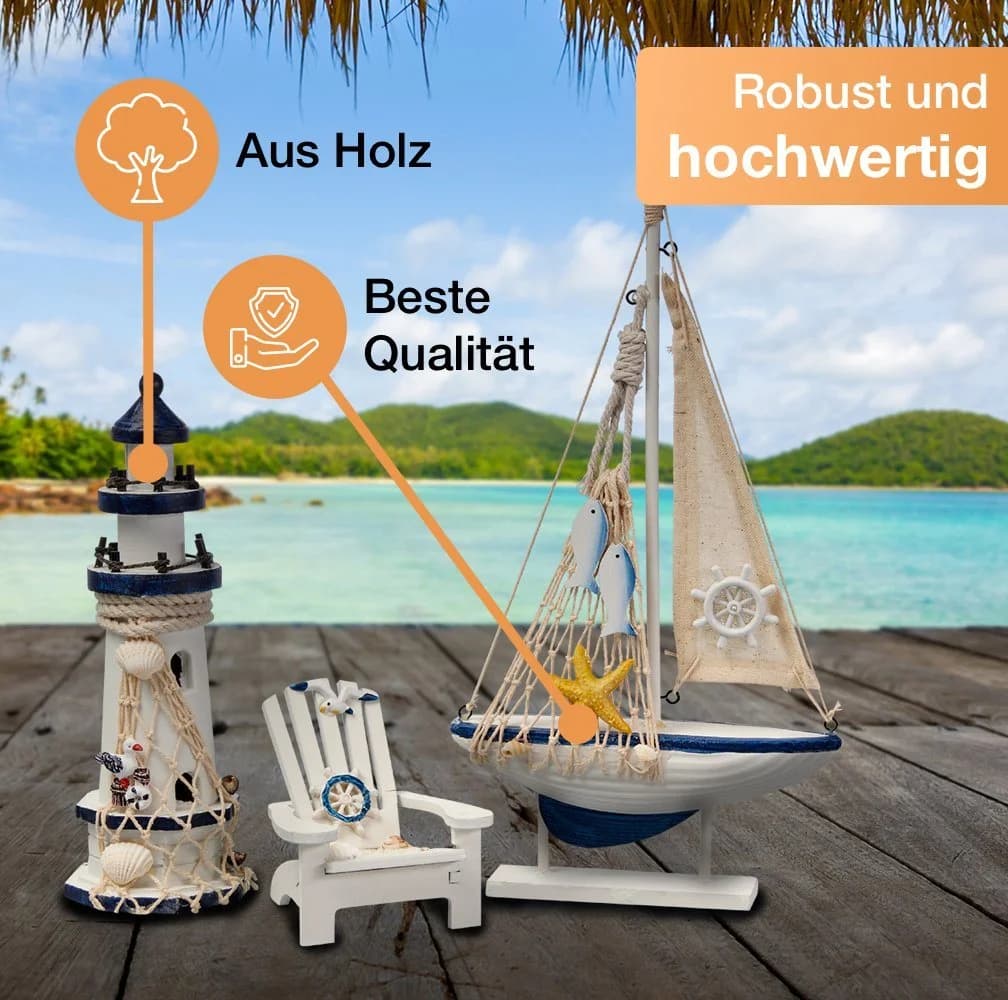 Flanacom Badaccessoires-Sets Maritime Badezimmer Deko Holz 3er Set Leuchtturm Segel-Schiff Strand-Stuhl - Bild 5