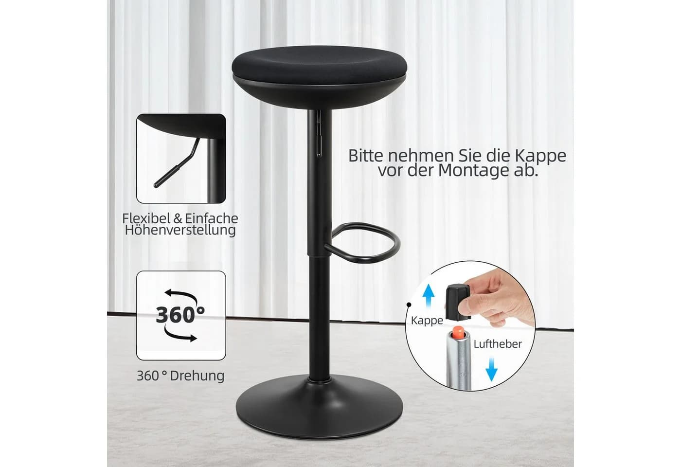 IWMH Drehhocker Höhenverstellbar Schwarz Stoff Metall - Bild 4