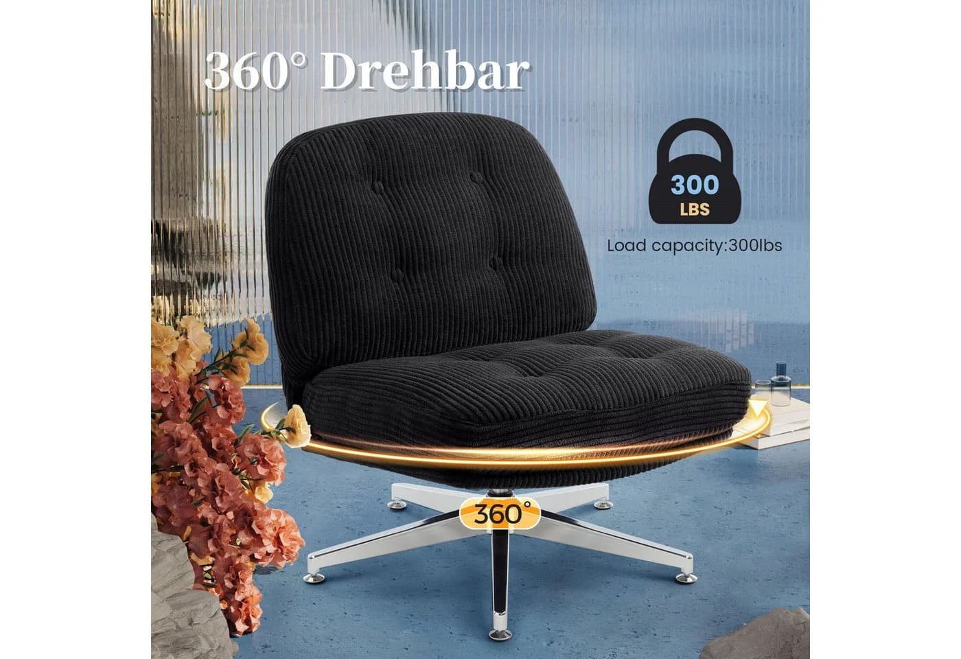 IWMH Bürostuhl Schwarz Cordstoff 15cm Sitzkissen Ohne Rollen - Bild 5