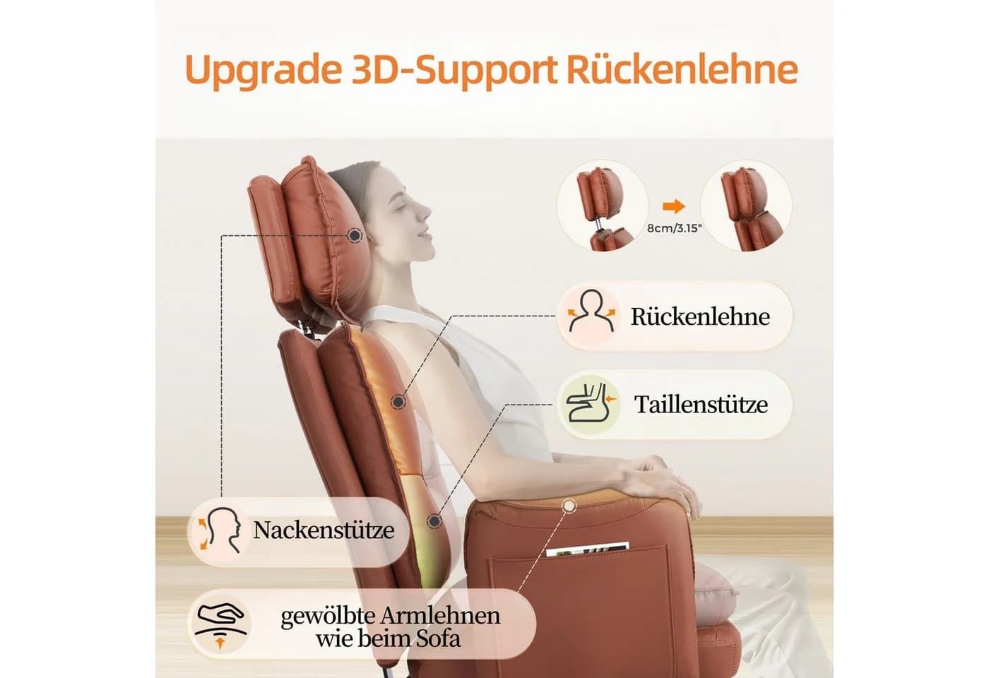 IWMH Bürostuhl Ergonomisch Chefsessel Braun mit Kopfstütze und Fußstütze