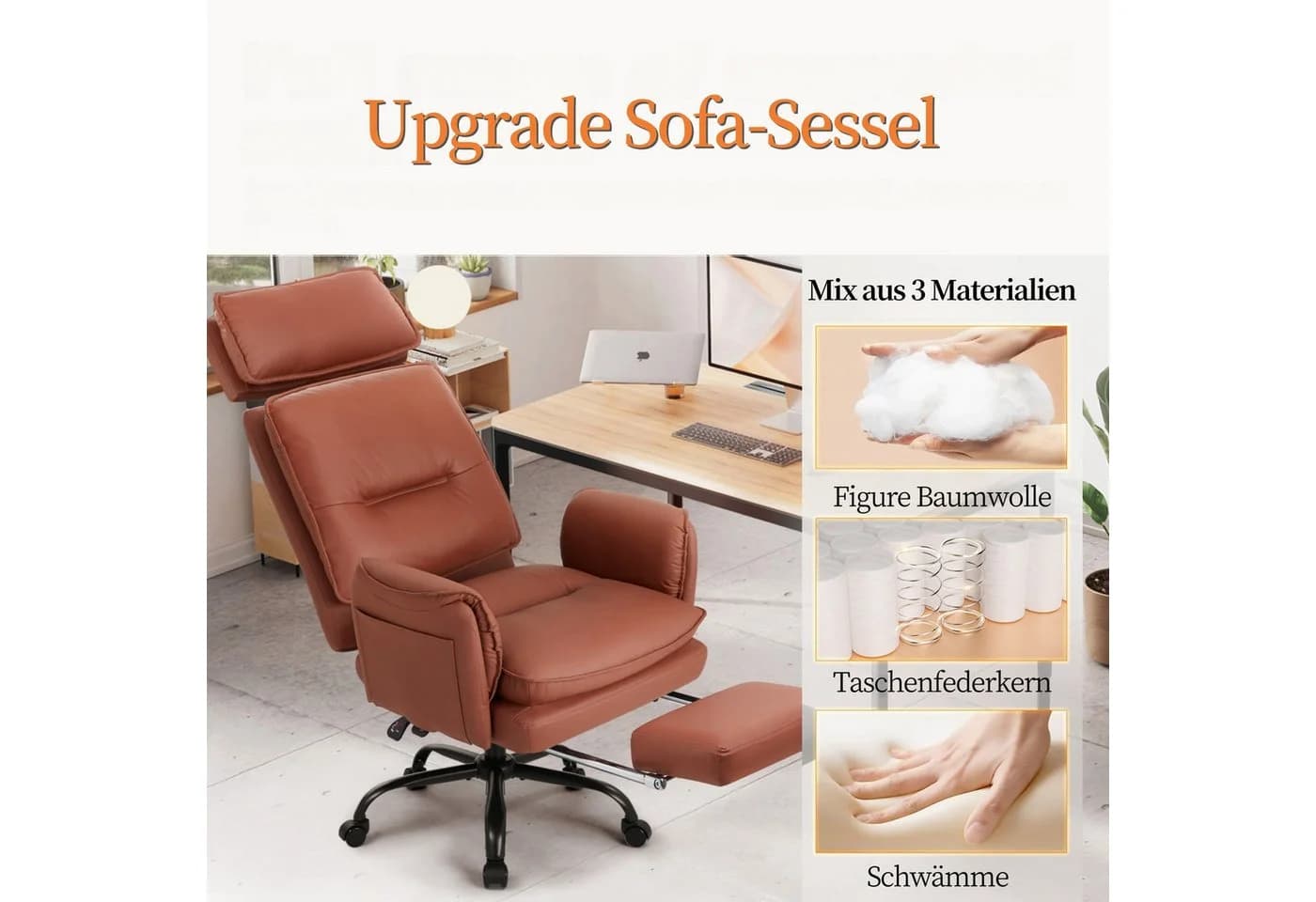 IWMH Bürostuhl Ergonomisch Chefsessel Braun mit Kopfstütze und Fußstütze - Bild 3