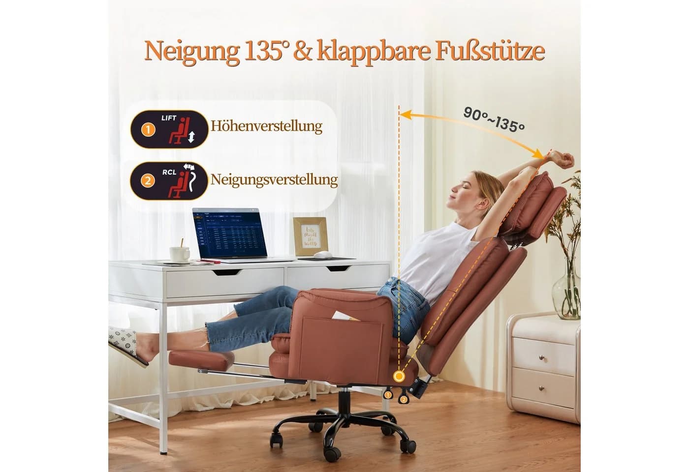 IWMH Bürostuhl Ergonomisch Chefsessel Braun mit Kopfstütze und Fußstütze - Bild 4