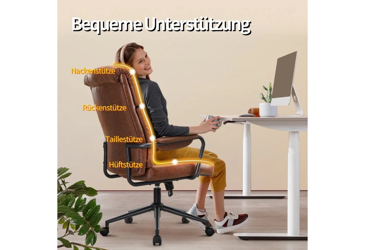 IWMH Bürostuhl Ergonomischer Chefsessel Retro PU-Leder Drehstuhl - Bild 4