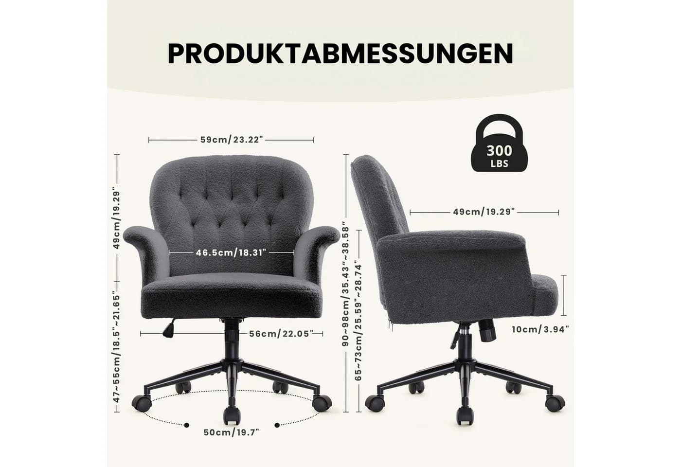 IWMH Bürostuhl Höhenverstellbar Dunkelgrau Teddystoff - Bild 3