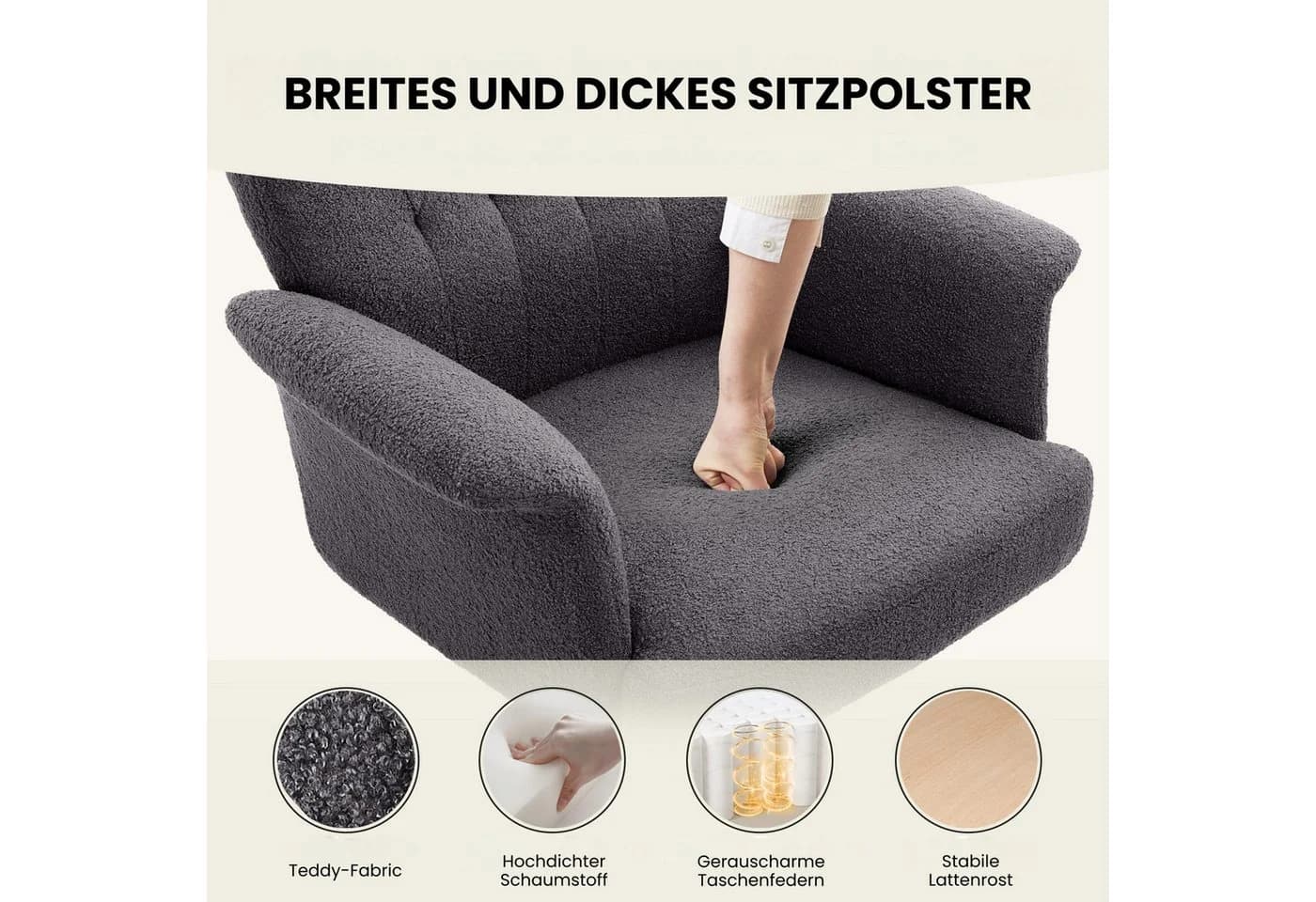 IWMH Bürostuhl Höhenverstellbar Dunkelgrau Teddystoff - Bild 5