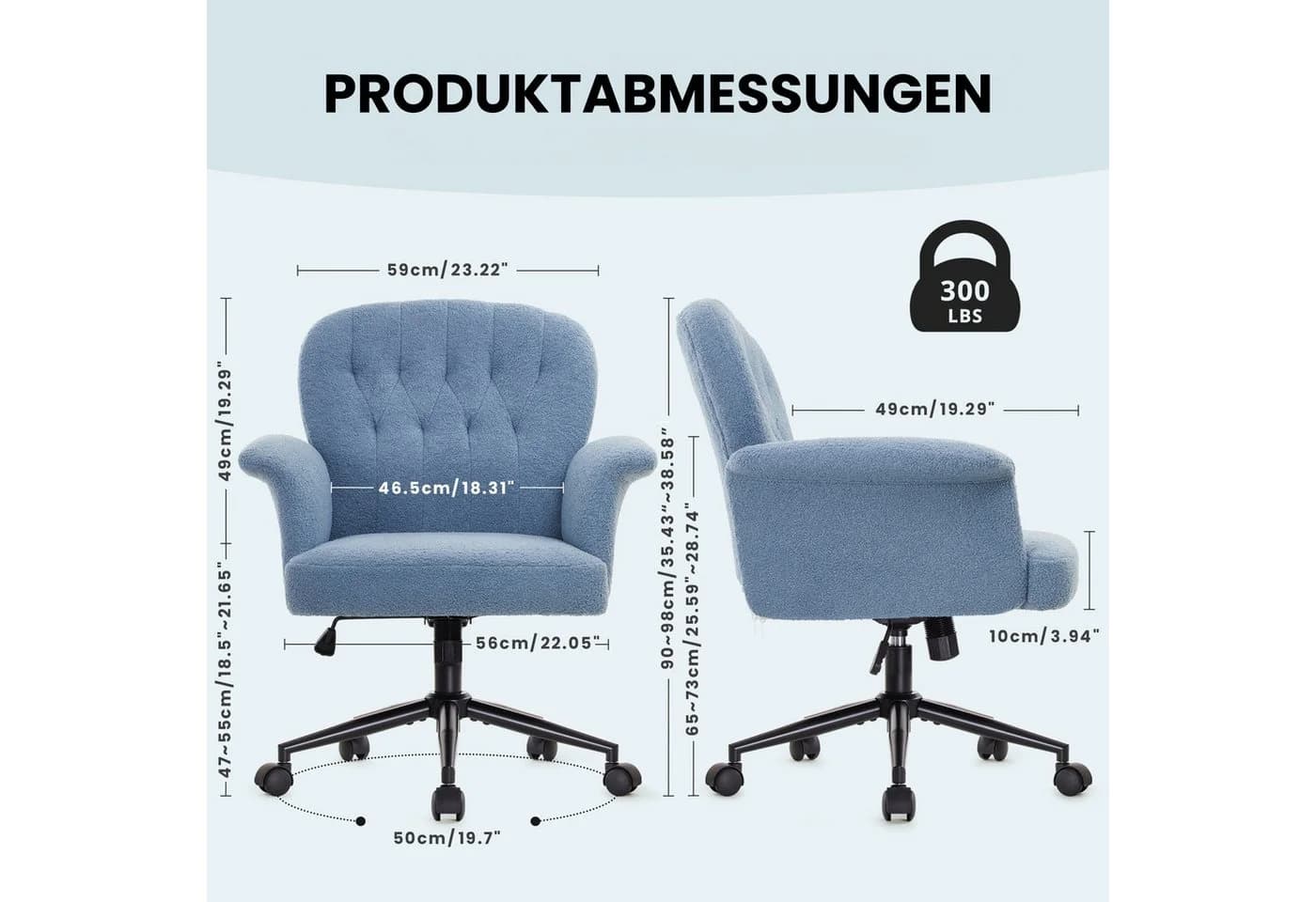 IWMH Bürostuhl Höhenverstellbar Blau Teddystoff - Bild 3