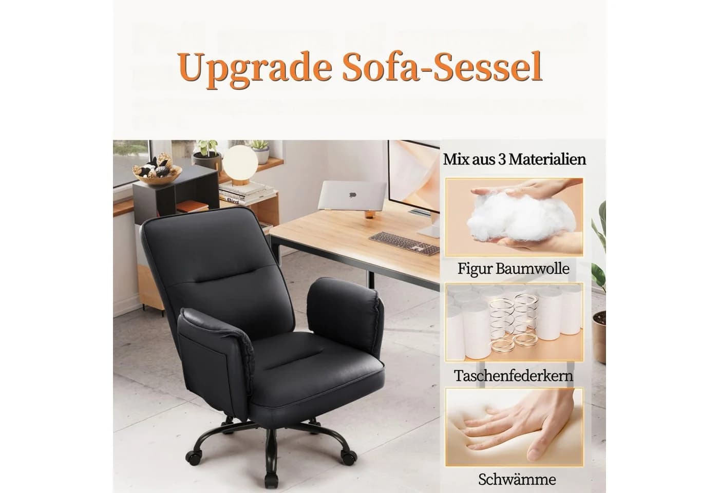 IWMH Chefsessel Ergonomisch PU-Leder Schwarz Höhenverstellbar - Bild 3