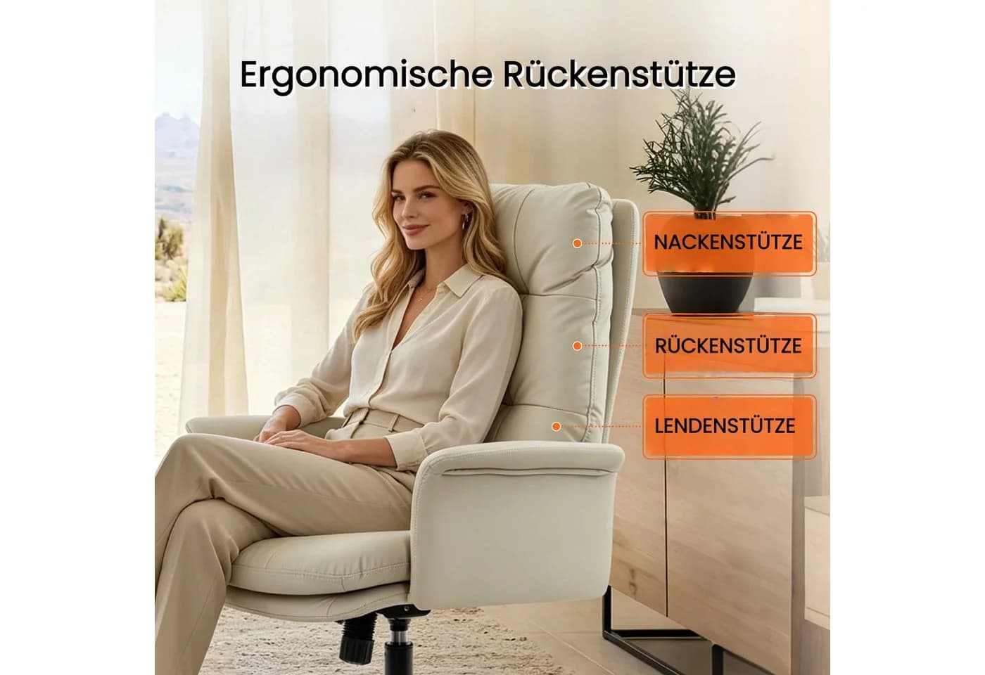 IWMH Chefsessel Ergonomisch Bürostuhl Beige Kunstleder - Bild 3
