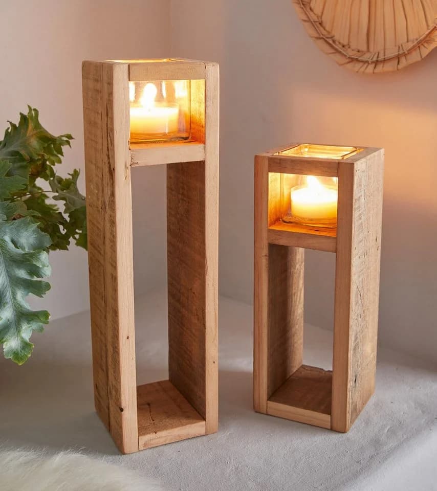 Dekoleidenschaft Bodenwindlicht Wood 2er-Set Rustikal Holz Glas - Bild 3