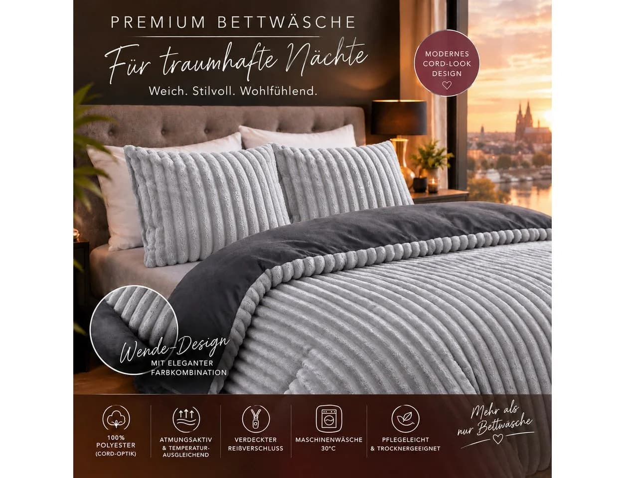 Leonado Vicenti Bettwäsche CORD Optik Teddy Plüsch 3-teilig Anthrazit