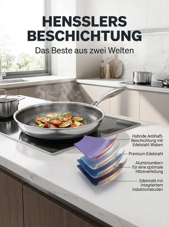 Wok HENSSLERS 28cm Silber - Antihaft, Induktion, 3-Schicht