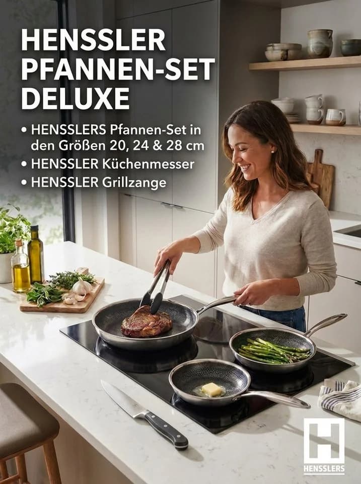 HENSSLERS Pfannen-Set Premium 5-tlg. Edelstahl mit Grillzange & Messer - Bild 2