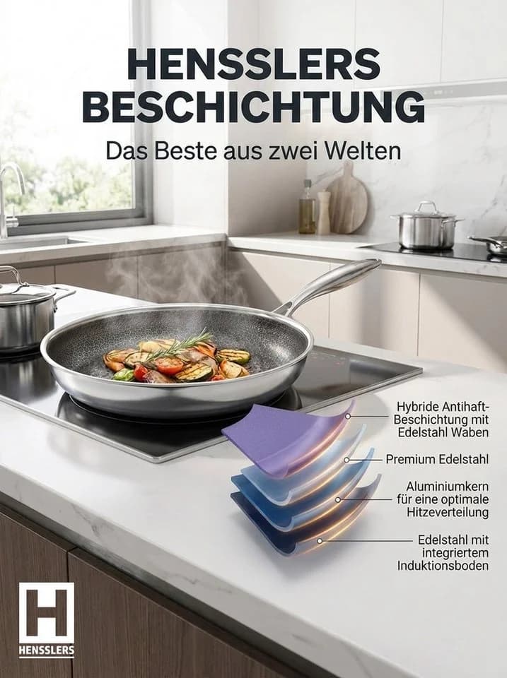 HENSSLERS Pfannen-Set Premium 5-tlg. Edelstahl mit Grillzange & Messer - Bild 4