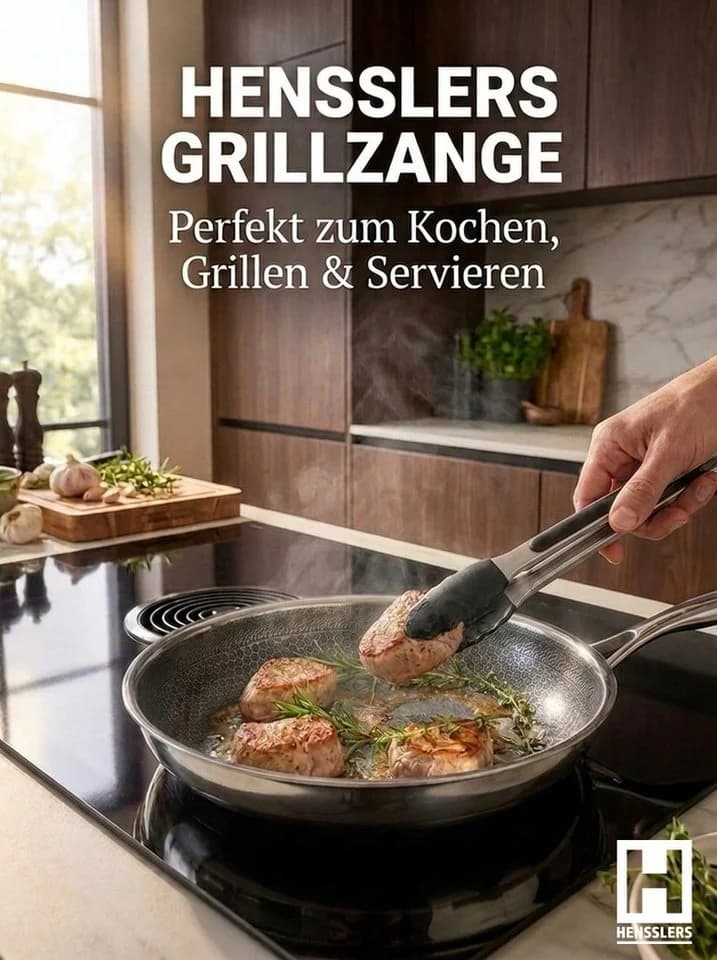 HENSSLERS Pfannen-Set Premium 5-tlg. Edelstahl mit Grillzange & Messer - Bild 5