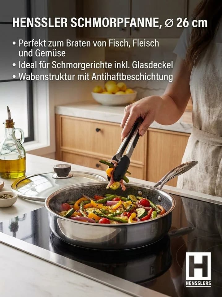 HENSSLERS Schmorpfanne Premium 26 cm Edelstahl mit Grillzange - Bild 2
