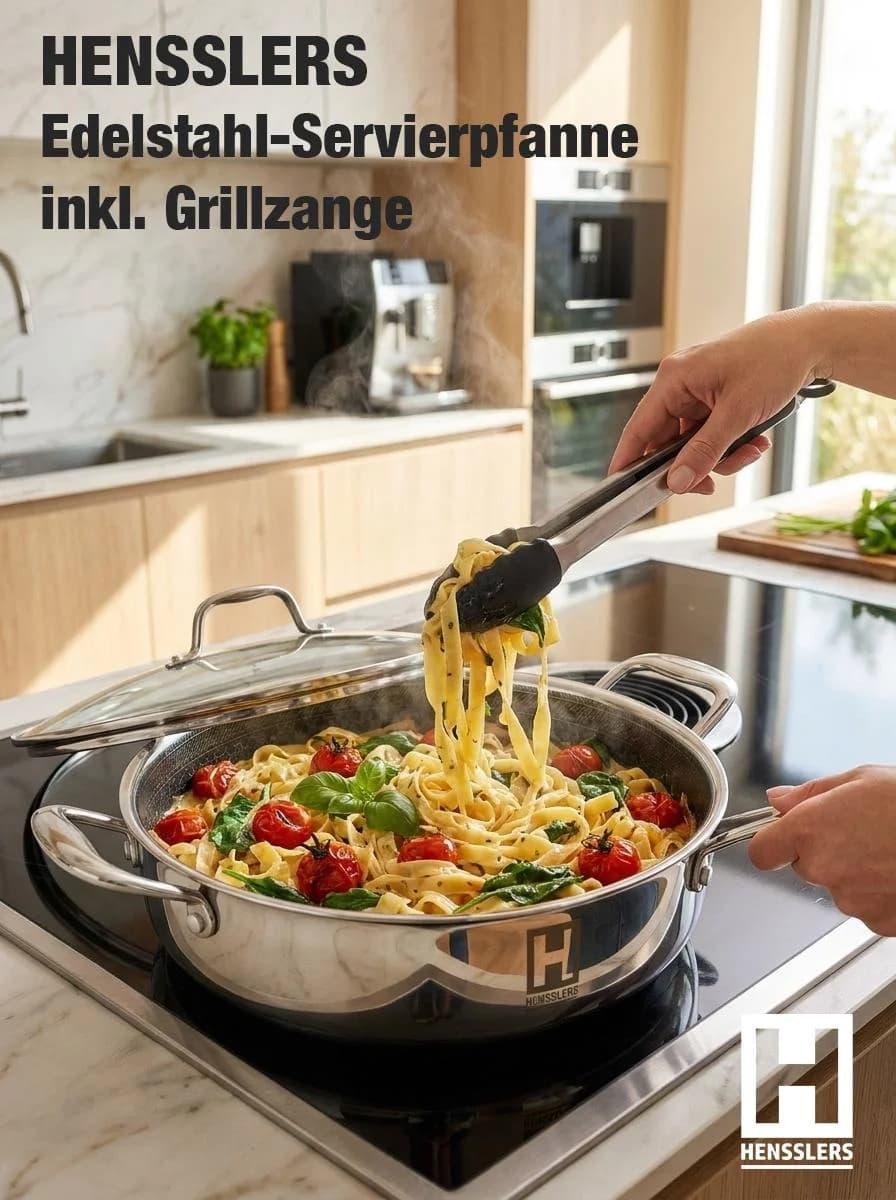 HENSSLERS Servierpfanne 32 cm Edelstahl mit Glasdeckel & Grillzange