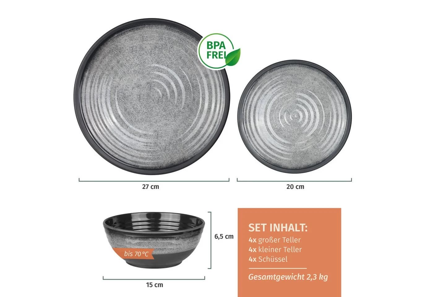 Moritz Geschirr-Set Camping Stone Grey 12-teilig Melamin