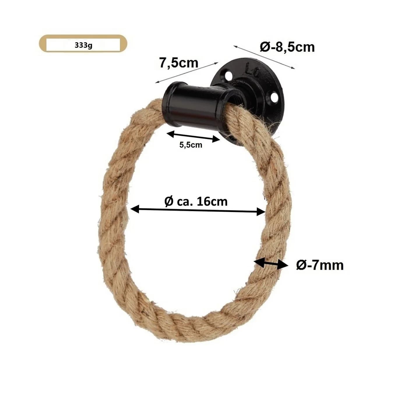 BAYLI Möbelgriff 2er Set Industrial Rohr Handtuchhalter mit Hanfseil, schwarz