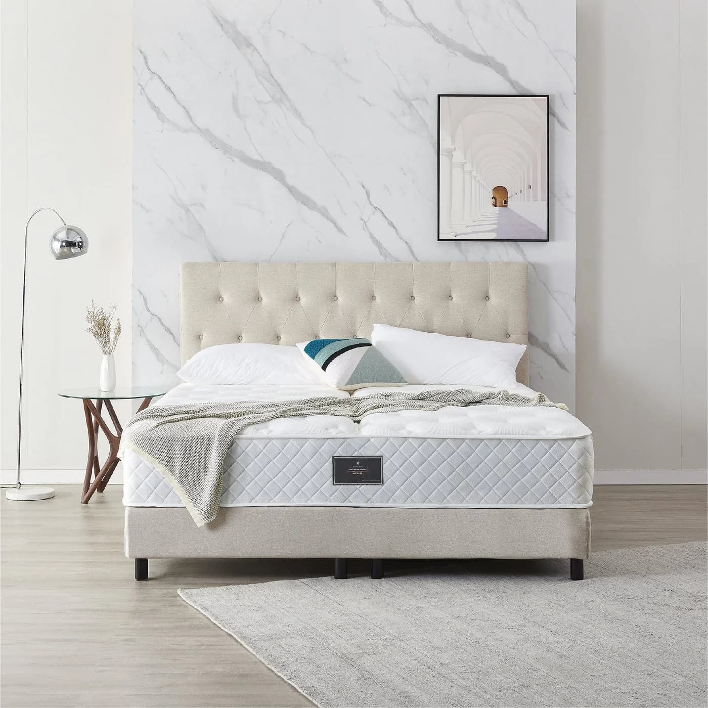 V6 Boxspringbett Modell 212 ohne Matratze – Anthrazit/Beige/Grau