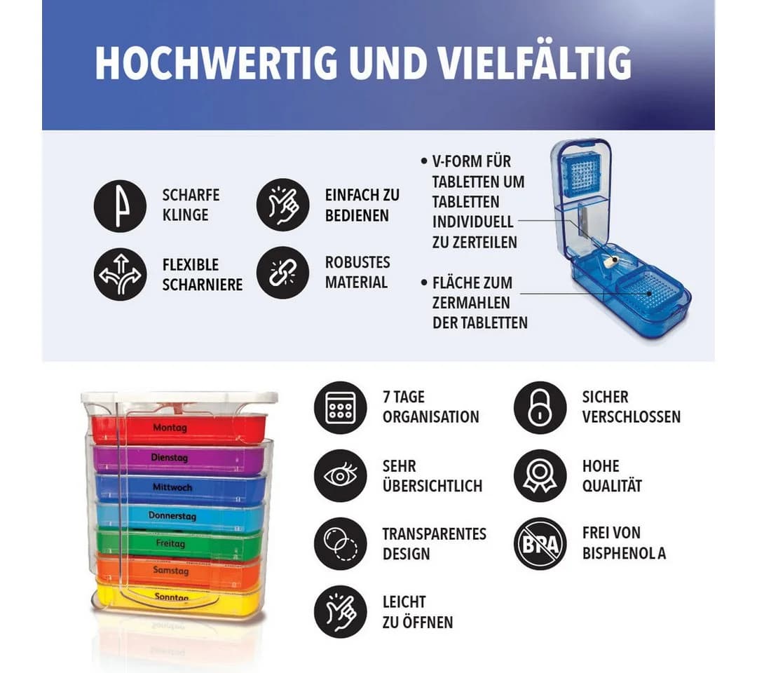 IEA Medical Pillendose 7-Tage + Tablettenteiler Set Bunt