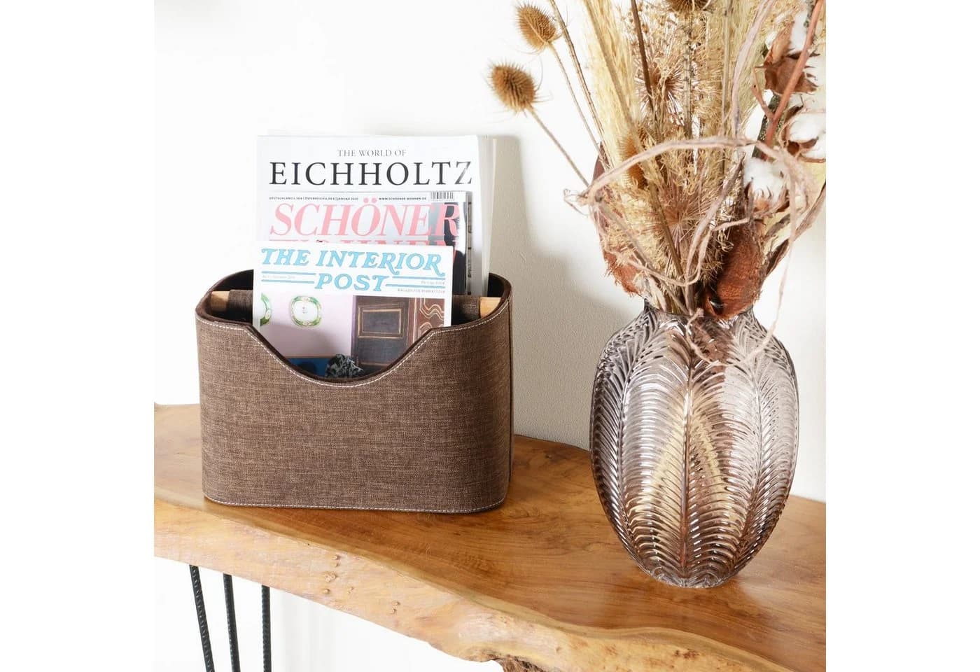 wohnfreuden Zeitungsständer aus Stoff und Teakholz Dunkelbraun