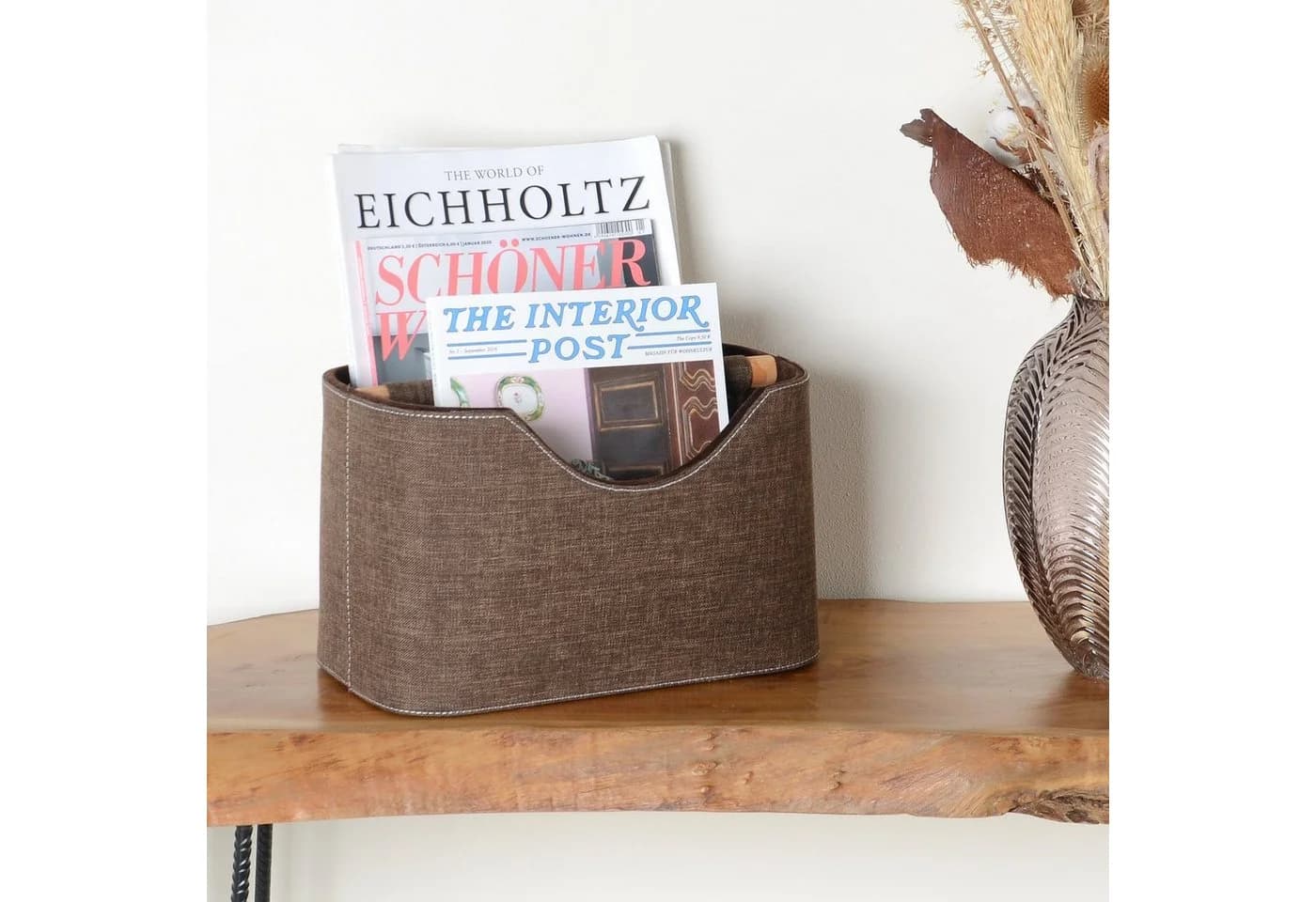 wohnfreuden Zeitungsständer aus Stoff und Teakholz Dunkelbraun - Bild 2